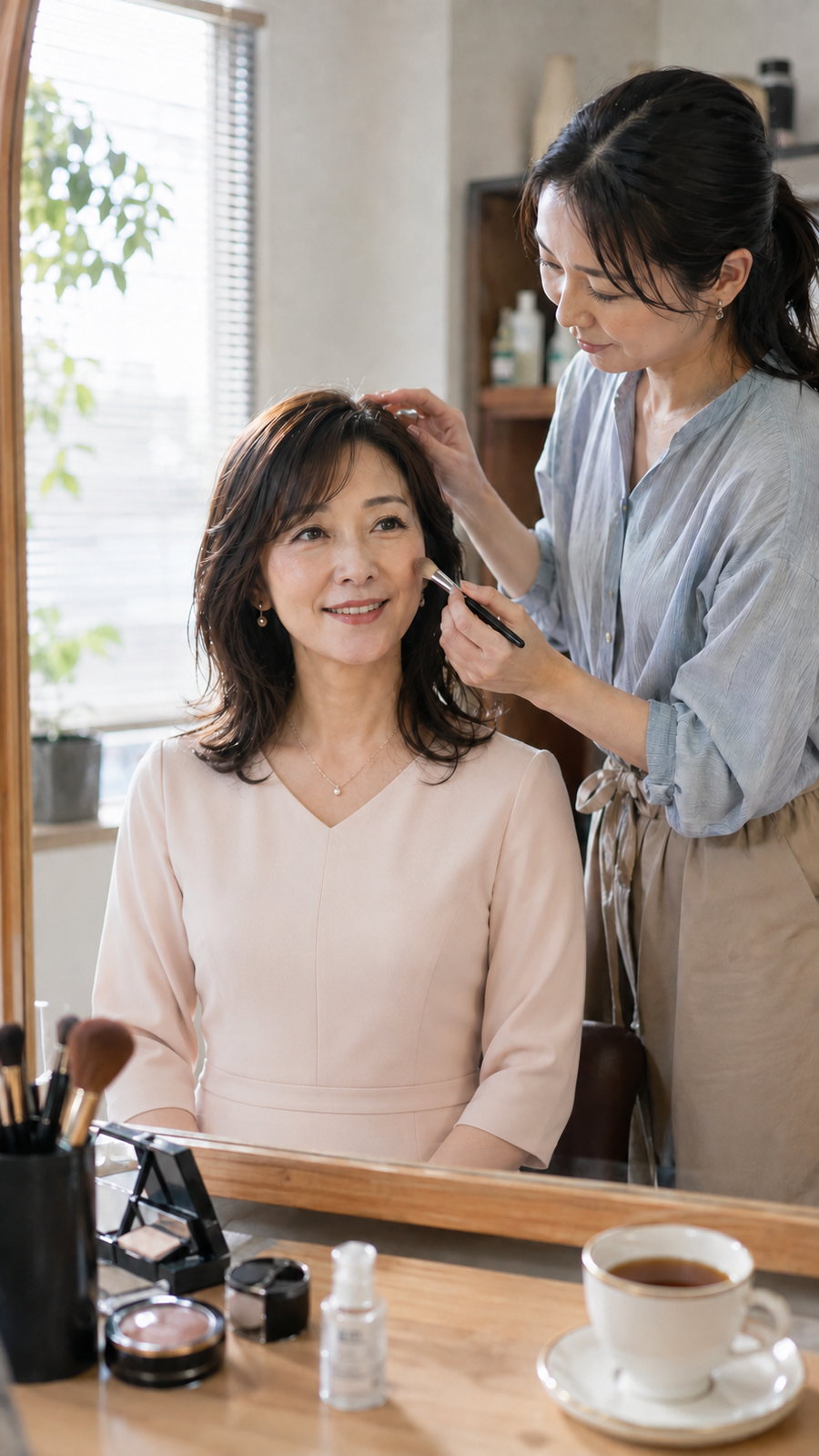 プロのヘアメイクを受ける40代女性