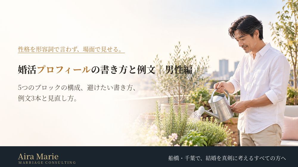 婚活プロフィールの書き方と例文|男性編|結婚相談所で読まれる自己紹介文の構成・避けたい書き方・例文3本
