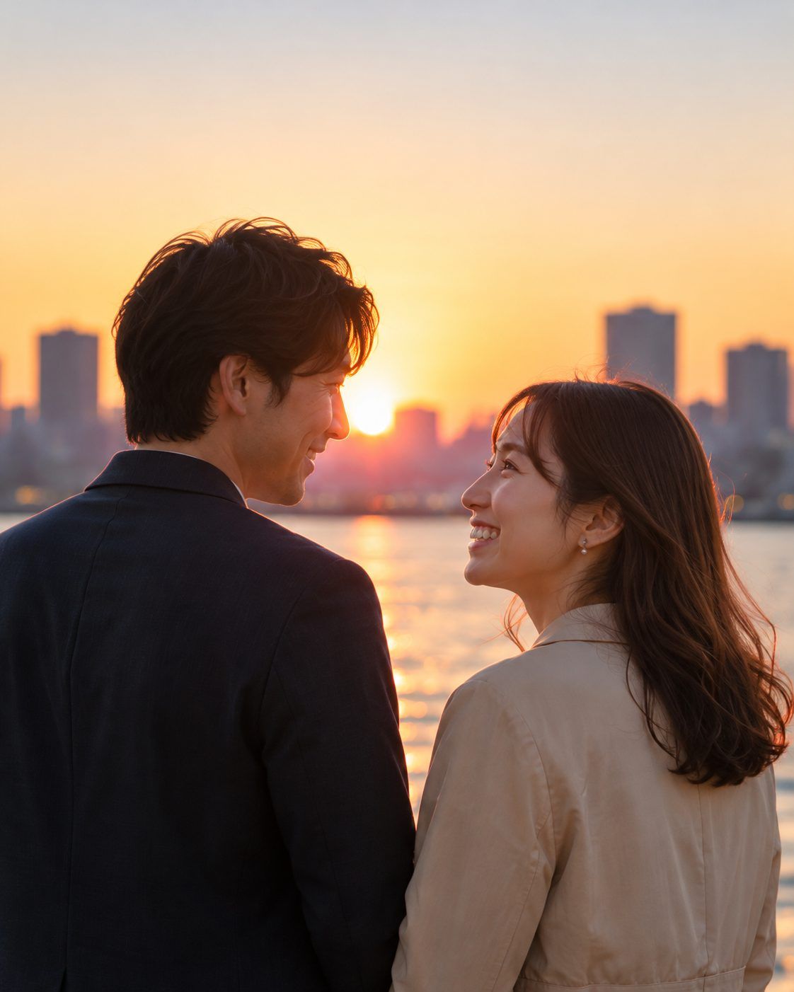 船橋の結婚相談所 Aira Marie｜夕暮れの水辺で微笑み合う30代・40代の男女