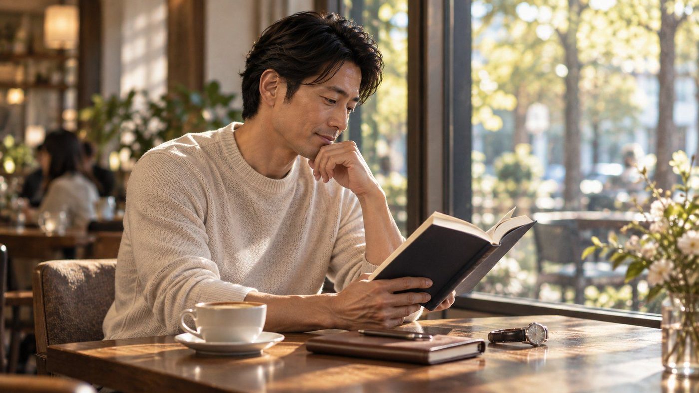 休日の午後、陽の入るカフェの窓際で本を読む男性