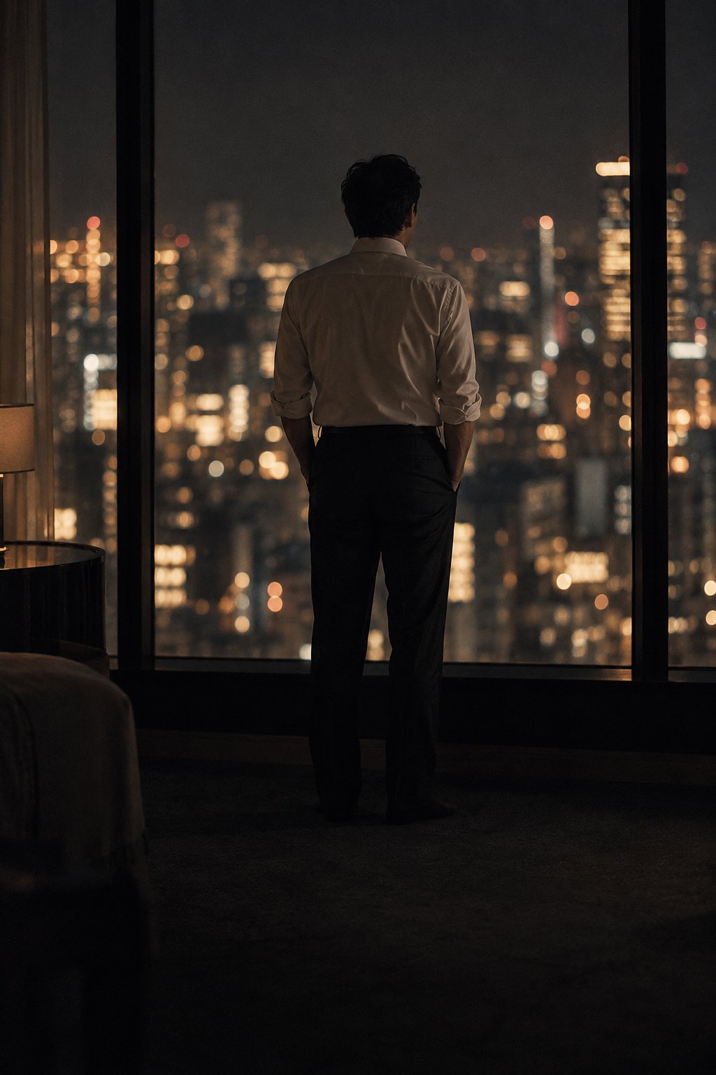 夜、高層階の窓辺に立ち、街の灯りを眺める男性の後ろ姿