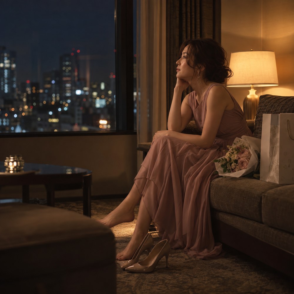 友人の結婚式から帰った夜、ドレスのまま窓の外の夜景を眺める女性