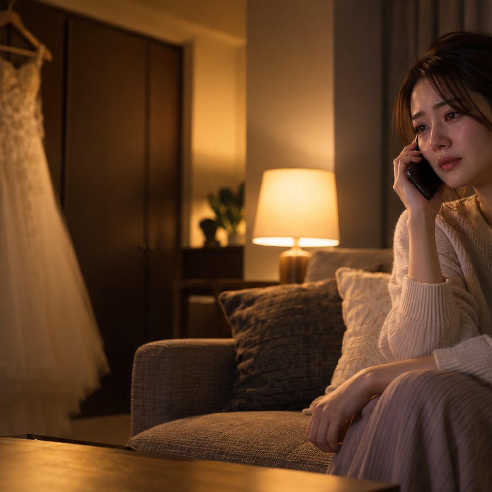 結婚式の前夜、ウェディングドレスの掛かった部屋で電話を受ける女性