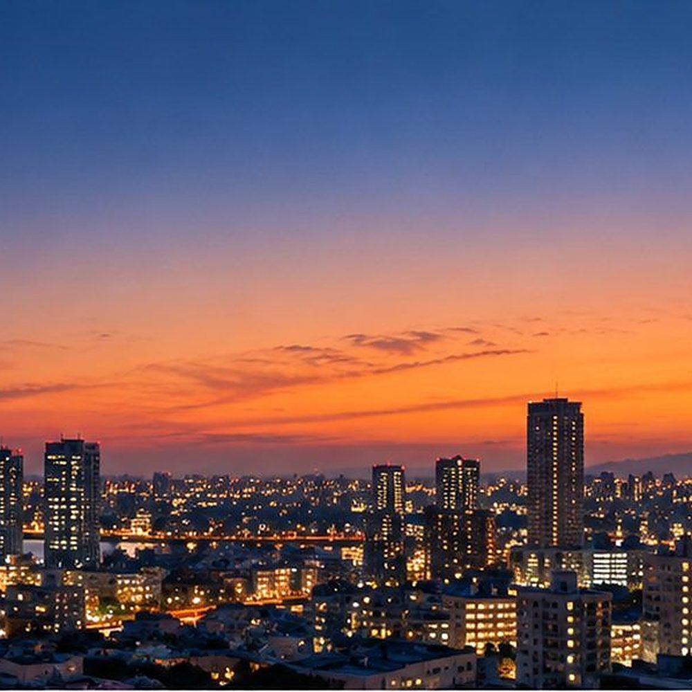 夕暮れの空と、灯りがともりはじめた街