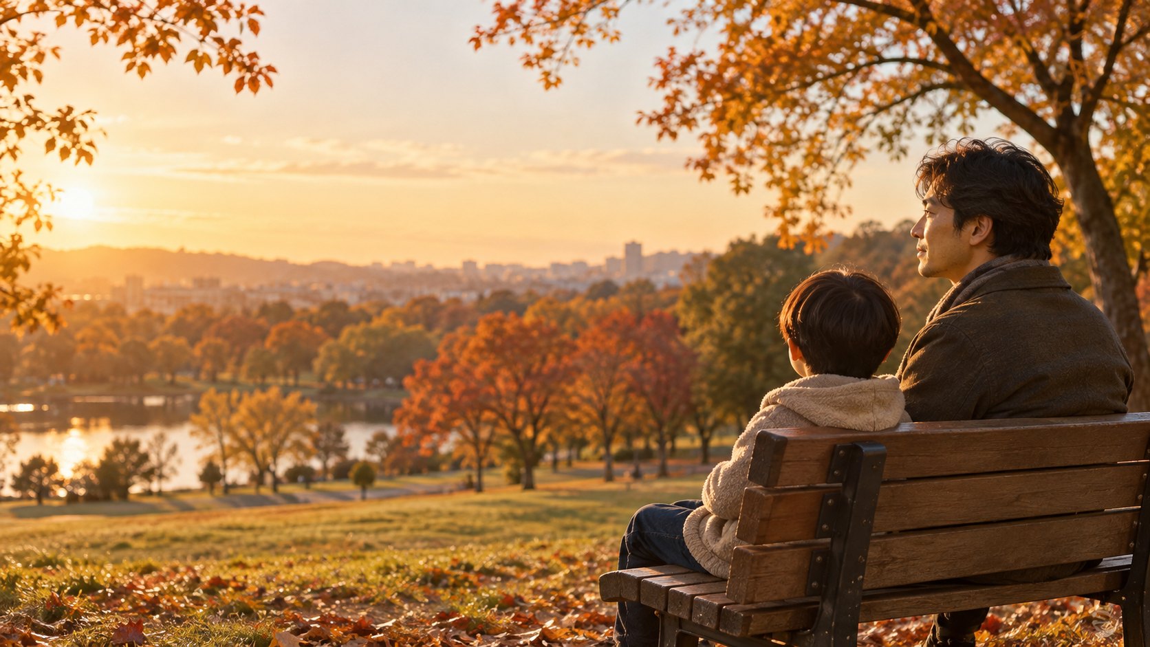 秋の公園のベンチで、子どもと並んで夕日を眺める男性