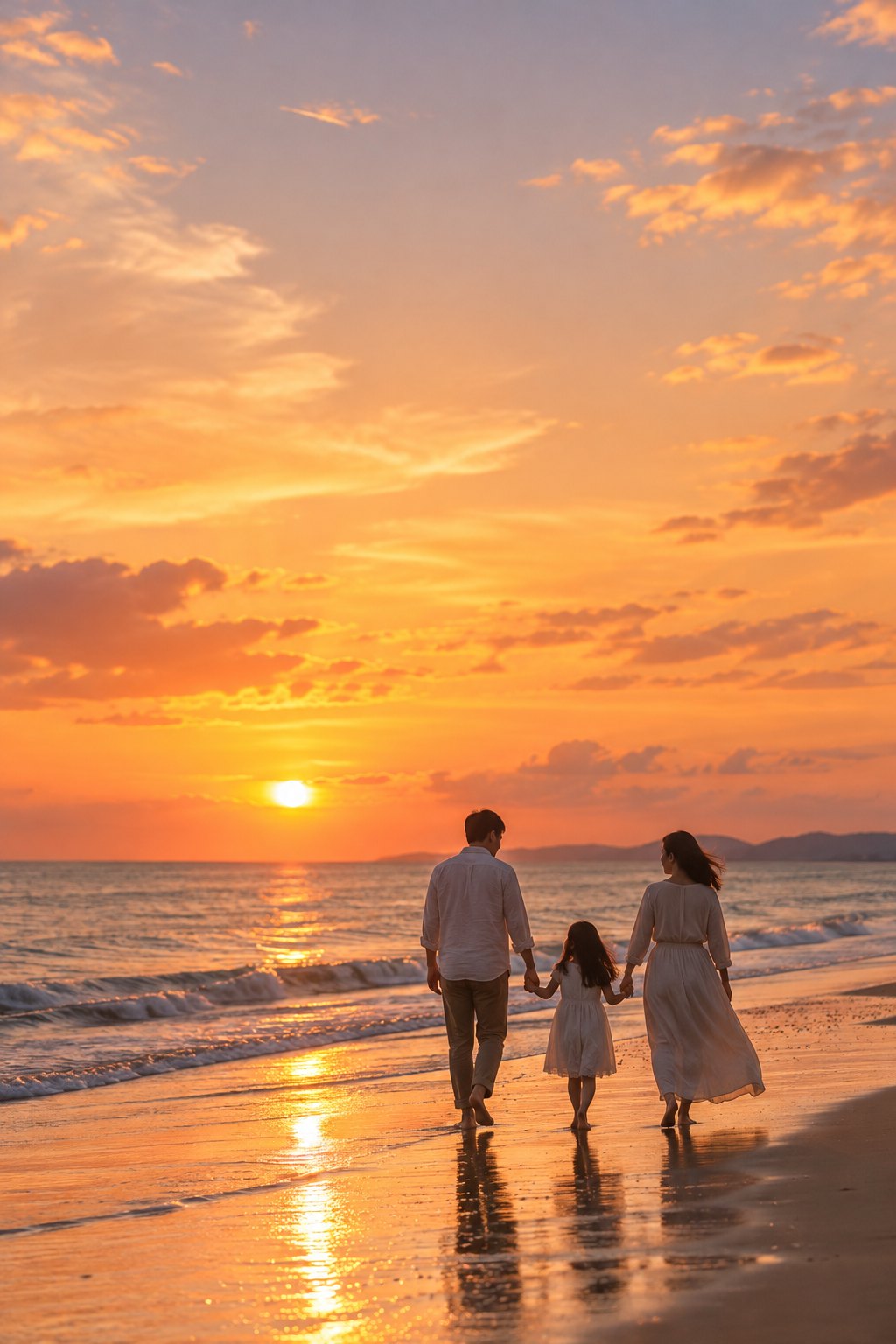 夕暮れの海辺を、子どもと手をつないで歩く大人ふたりの後ろ姿