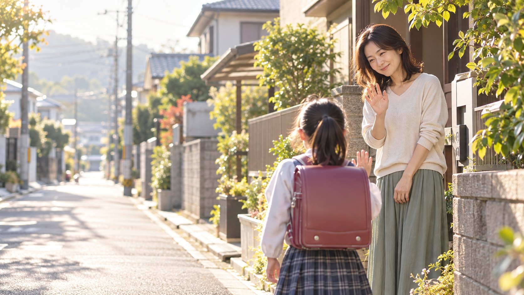 朝、ランドセルを背負った子どもを笑顔で見送る女性